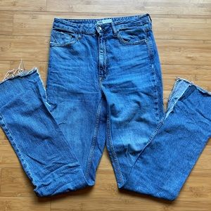 Zara Full Length Ripped High Rise Slit Hem Straight Slim Jeans